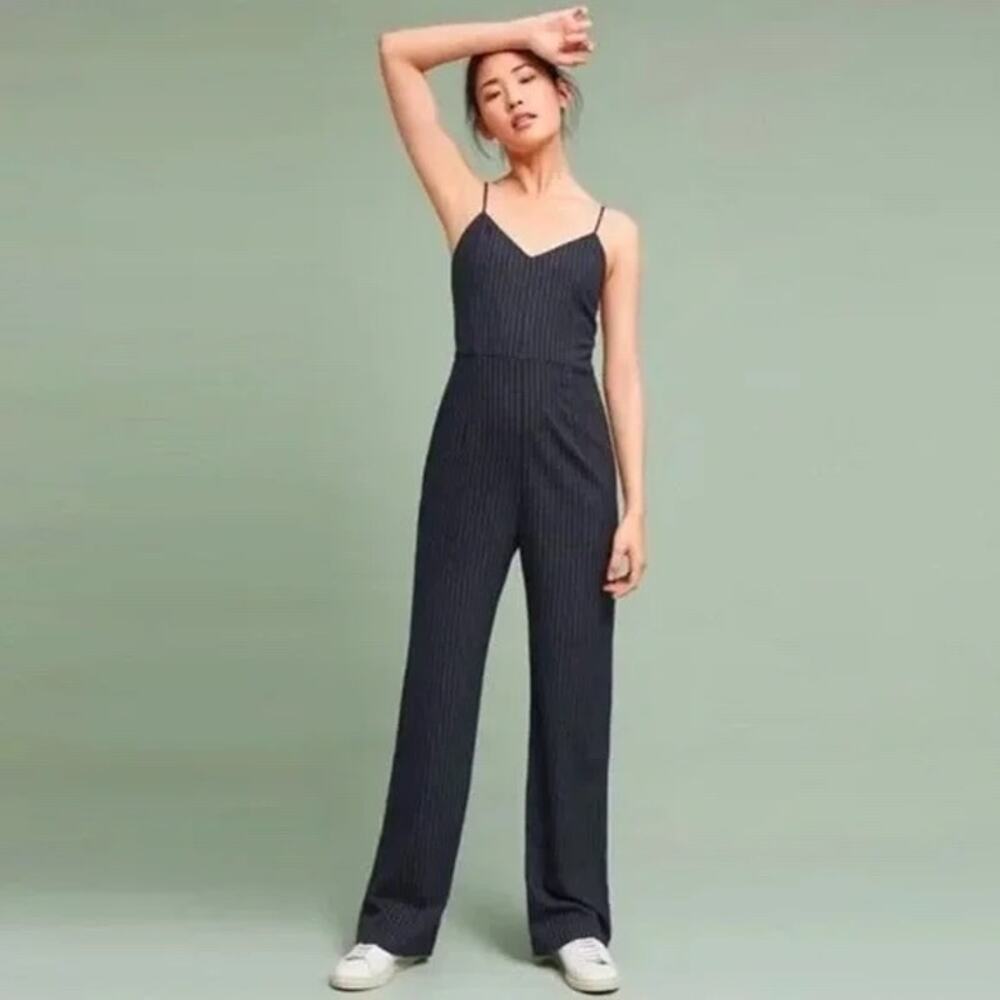 Anthropologie The Essential Pinstripe Jumpsuit Navy White Wide Leg Size 4